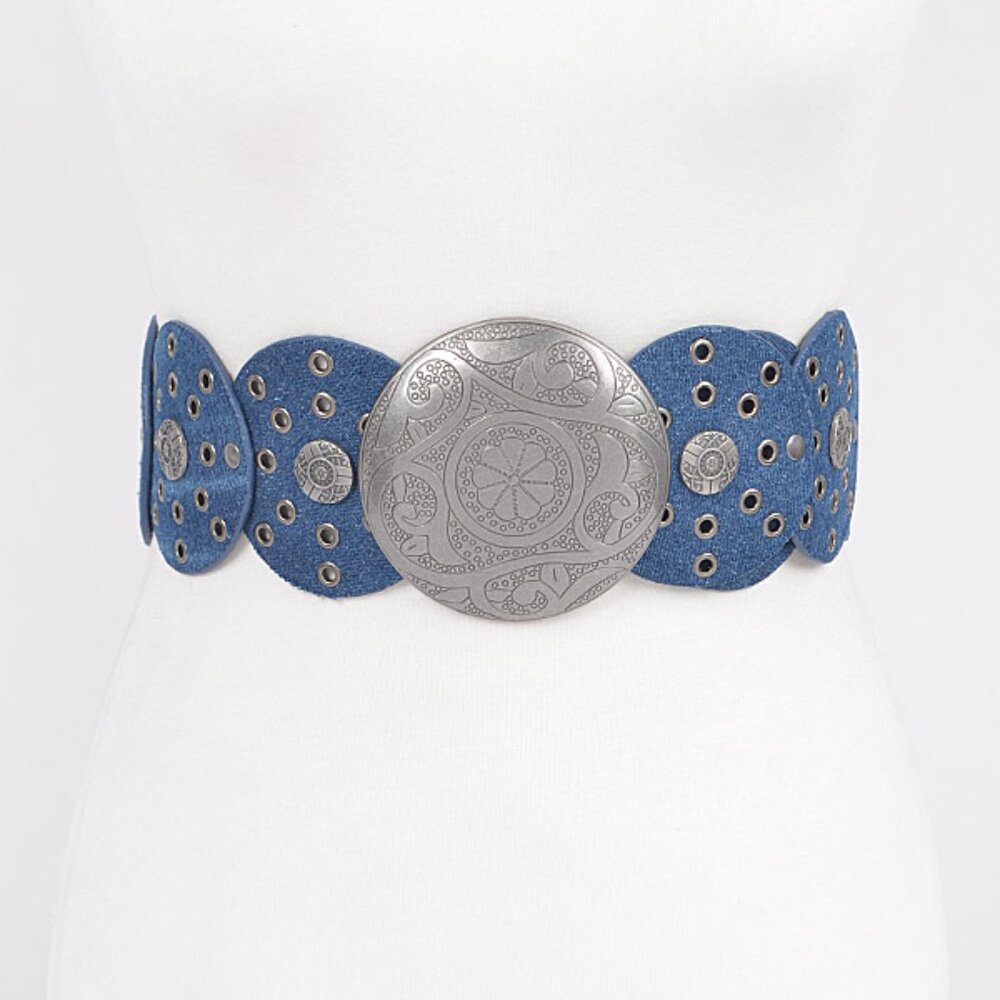 BNWT Rivet Denim Disk Statement Western Round Buckle Belt Wide Belt